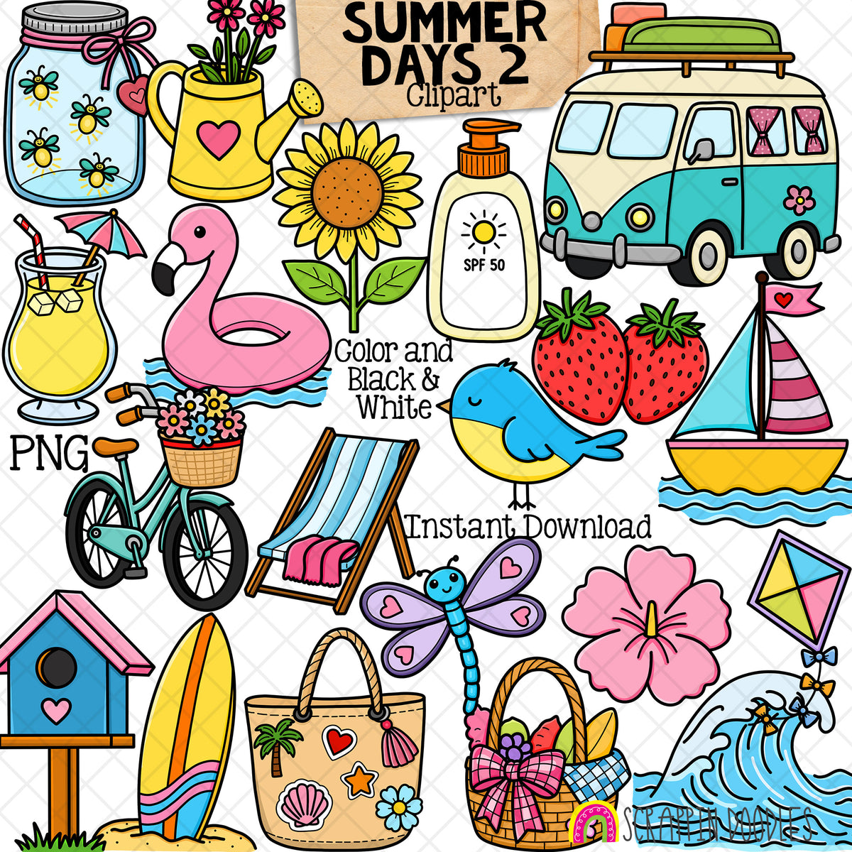Summer Days 2 ClipArt - Beach - Floatie - Cocktail - Fireflies - Travel Van - CU PNG