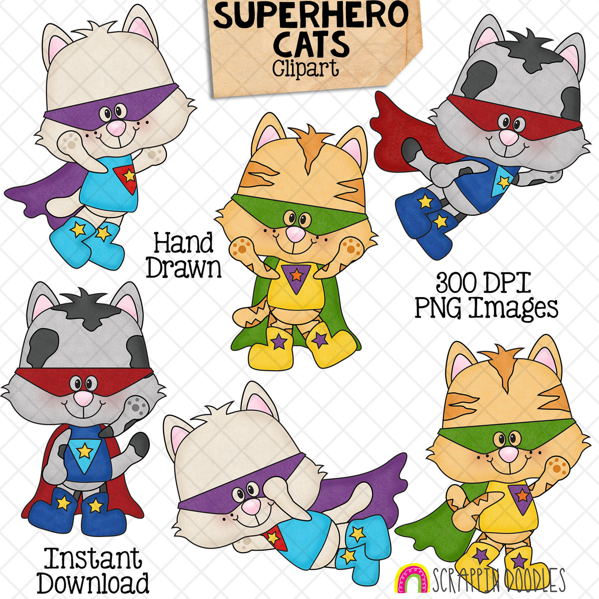 Hand-drawn Superhero Cats clipart featuring six cute kittens wearing colorful masks, capes, boots and star costumes in heroic action poses.
