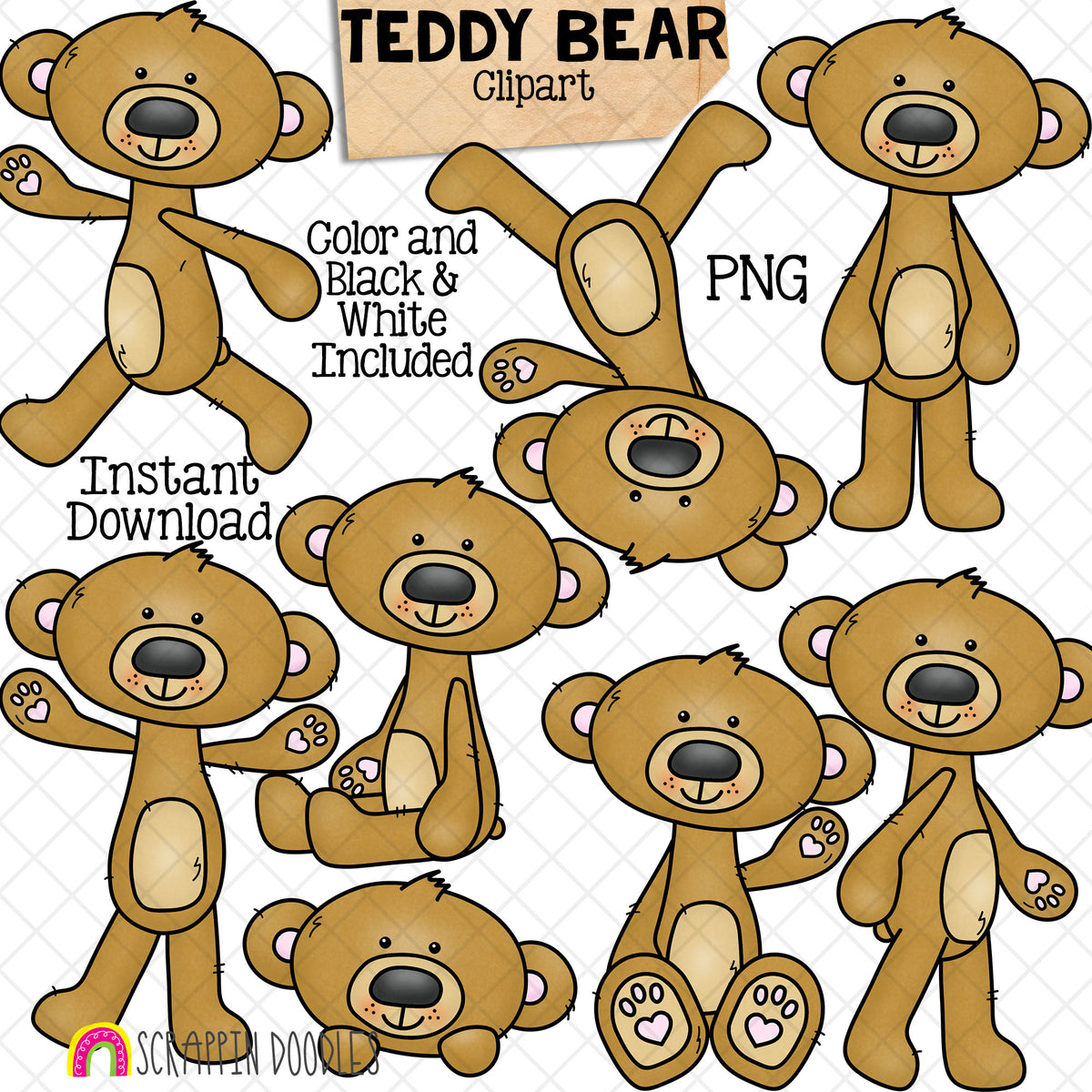 Teddy Bear Clip Art - Brown Bears In Different Poses - Woodland Animals - Commercial Use PNG Sublimation