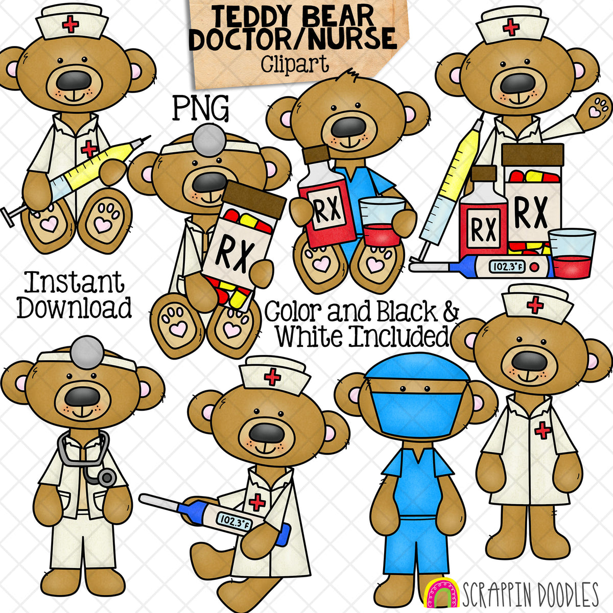 Doctor and Nurse Teddy Bear Clip Art - Surgeon - Get Well - Medical - Brown Bears - Woodland Animals - Commercial Use PNG Sublimation