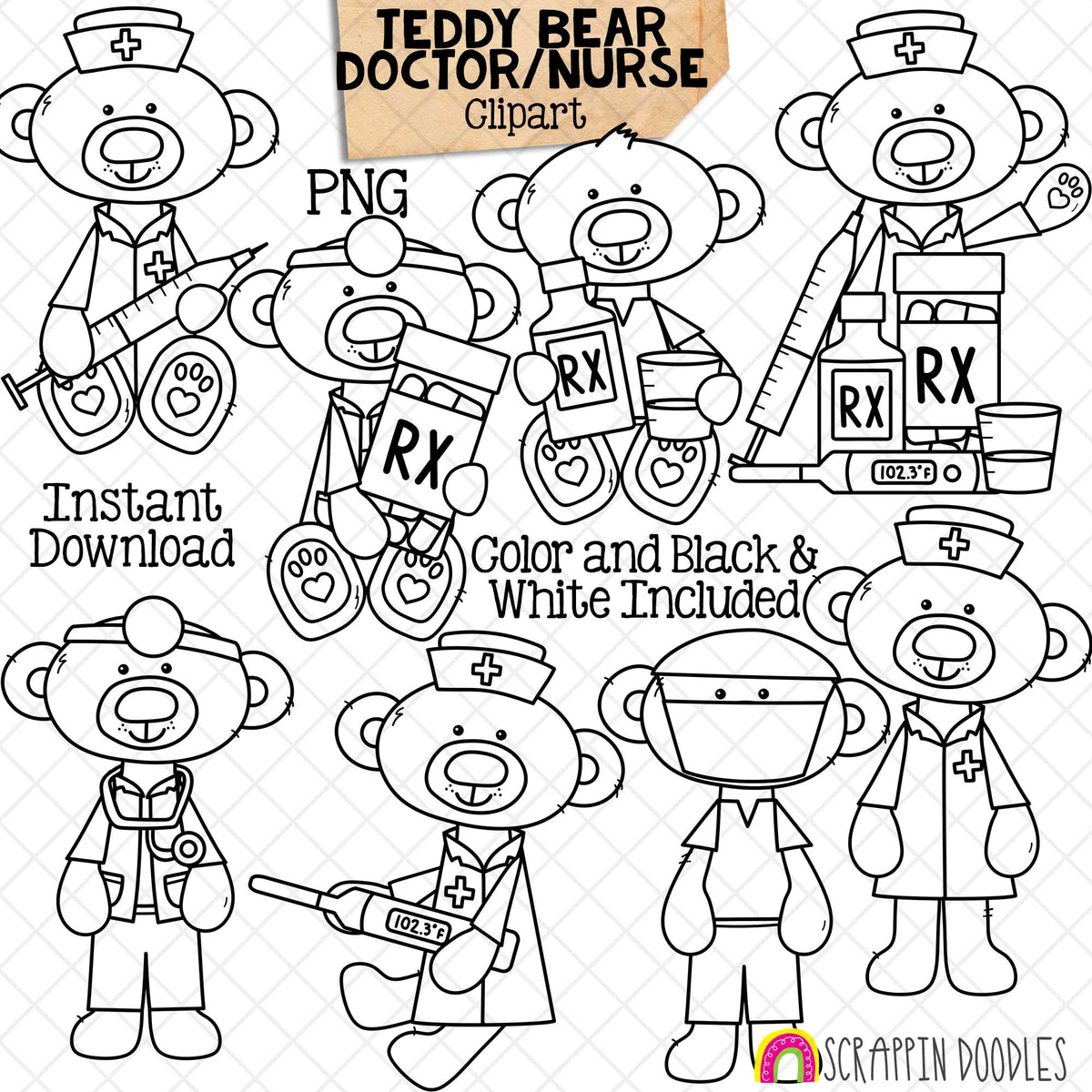 Doctor and Nurse Teddy Bear Clip Art - Surgeon - Get Well - Medical - Brown Bears - Woodland Animals - Commercial Use PNG Sublimation