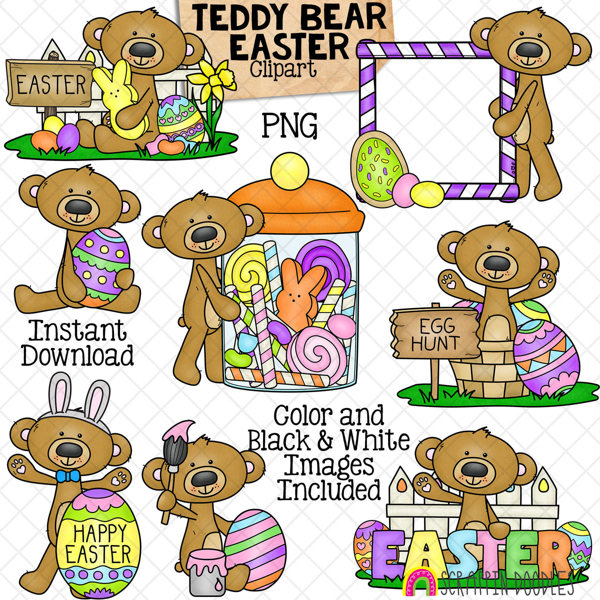Teddy Bear Easter ClipArt - Easter Day Bears - Decorated Eggs - Candy - Frame - Commercial Use Sublimation - PNG