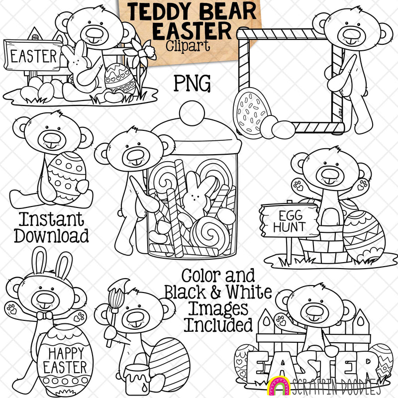 Teddy Bear Easter ClipArt - Easter Day Bears - Decorated Eggs - Candy - Frame - Commercial Use Sublimation - PNG