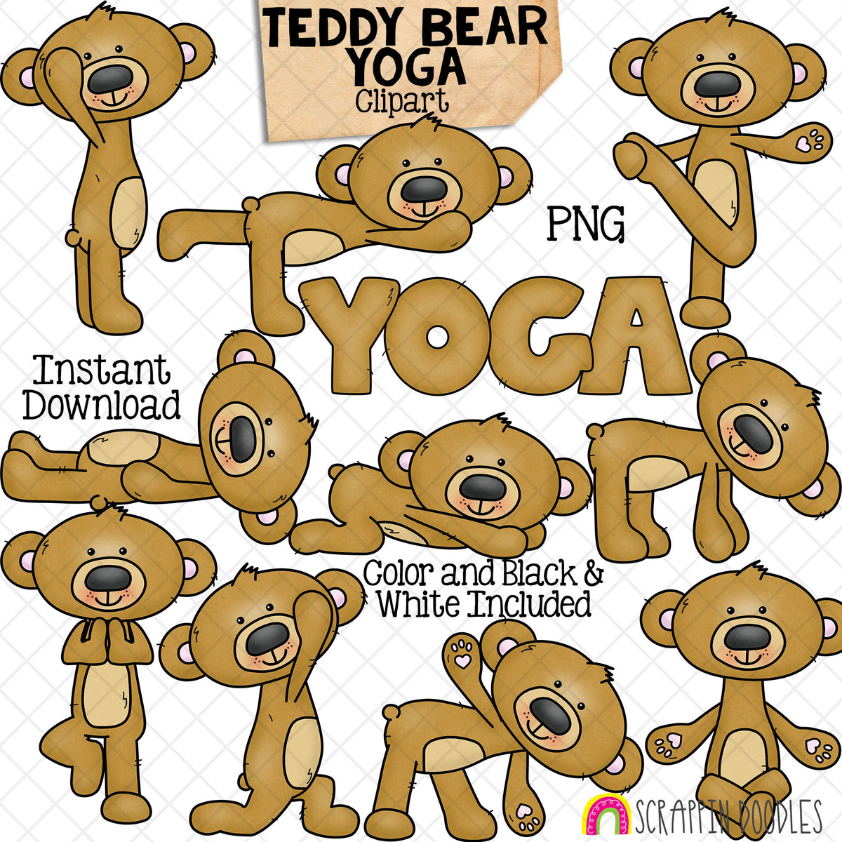 Teddy Bear Yoga Clip Art - Stretching Clipart - Brown Bears Doing Yoga Poses - Commercial Use PNG Sublimation
