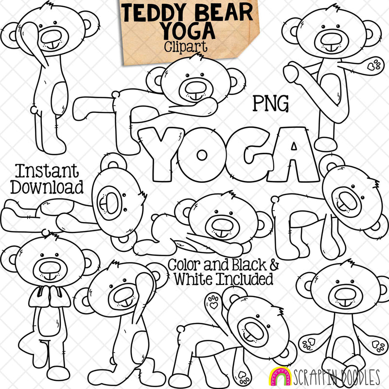 Teddy Bear Yoga Clip Art - Stretching Clipart - Brown Bears Doing Yoga Poses - Commercial Use PNG Sublimation