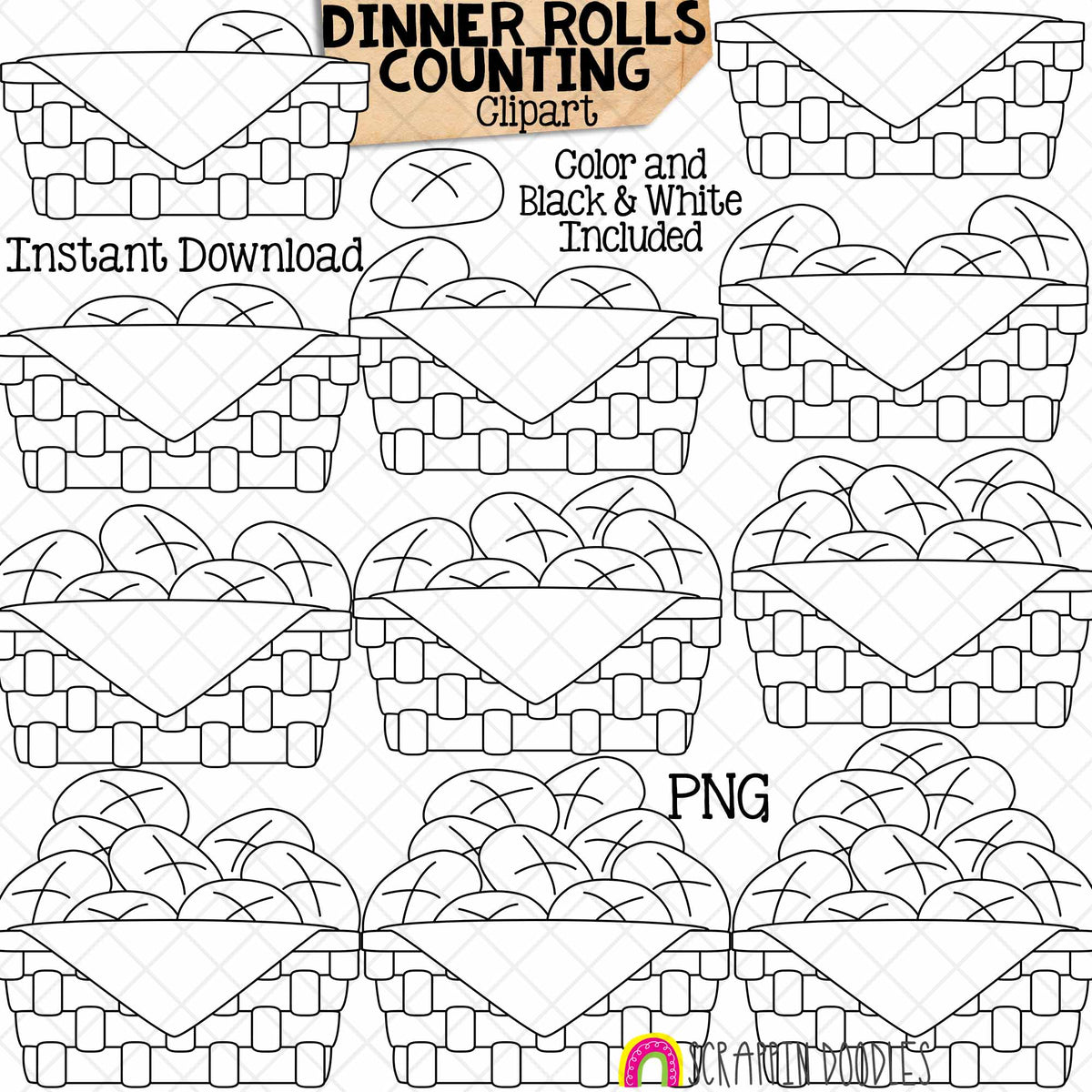 Counting Dinner Rolls ClipArt - Thanksgiving Basket of Buns Clip Art - Autumn - Seasonal Math Graphics - Commercial Use PNG
