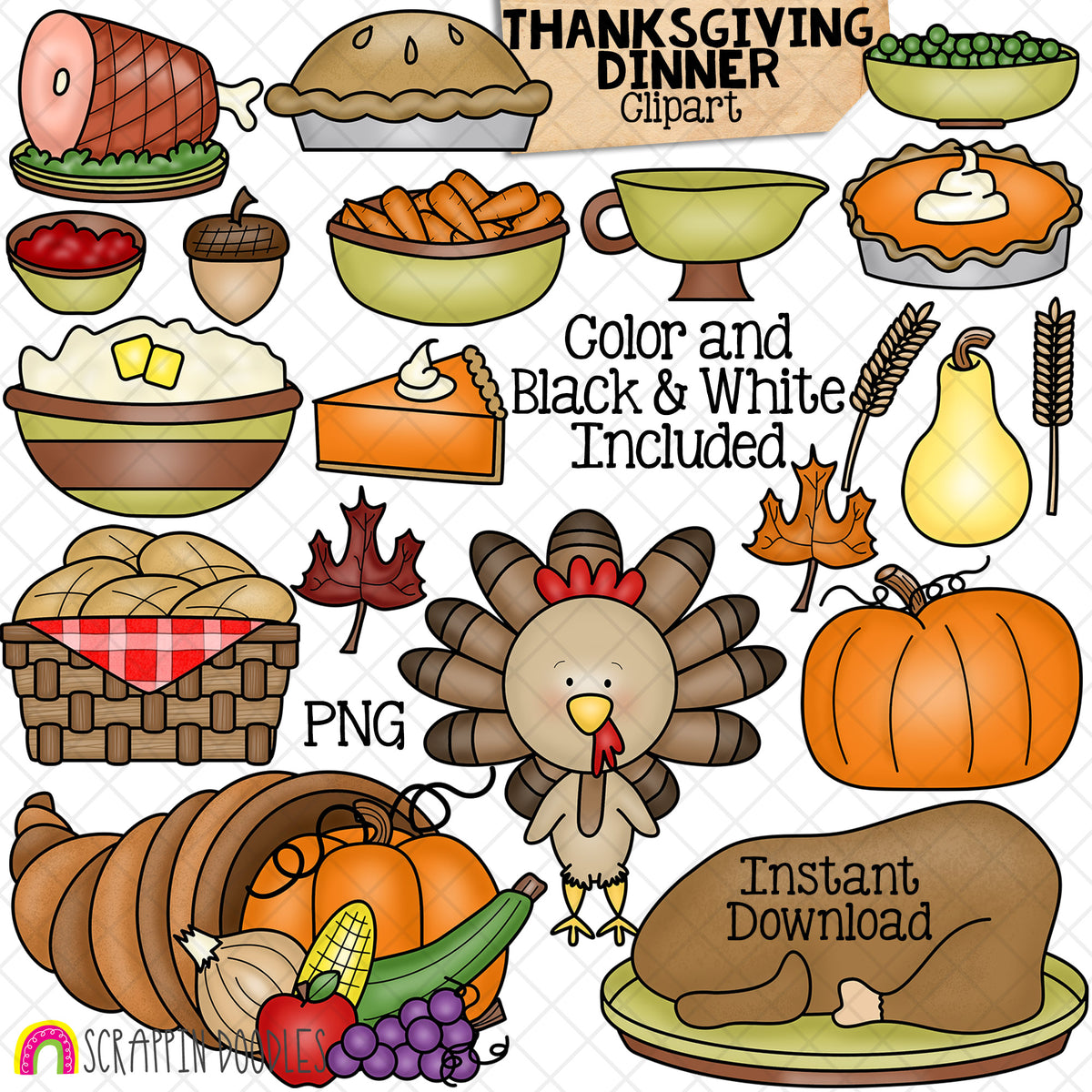 Thanksgiving Dinner ClipArt - Food Graphics - Turkey - Cornucopia - Pumpkin Pie - Ham -Gravy - Vegetables - CU PNG - Hand Drawn
