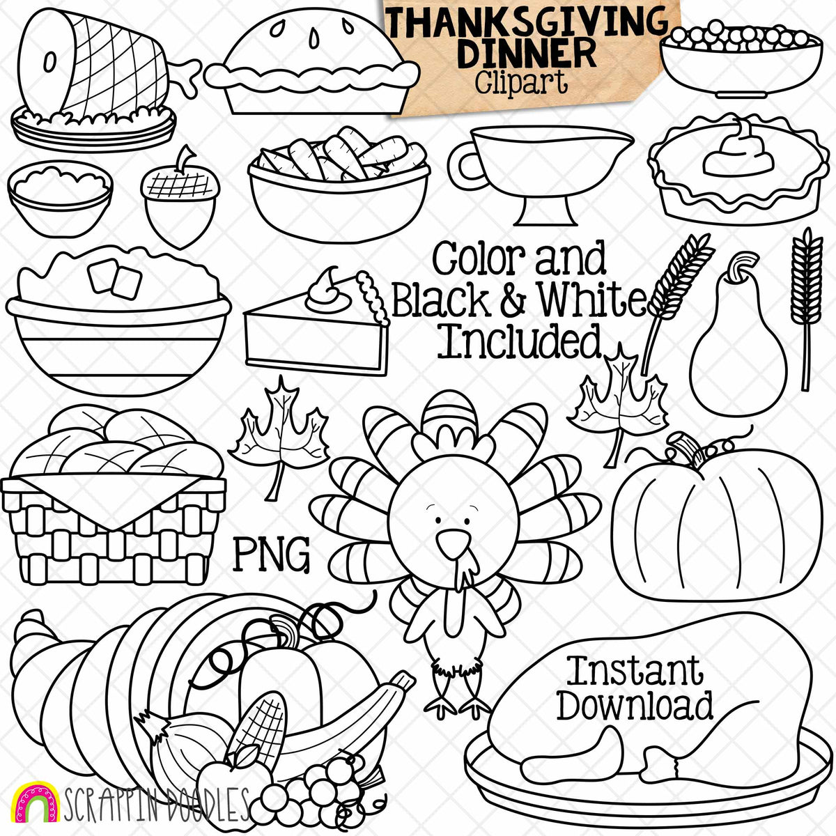Thanksgiving Dinner ClipArt - Food Graphics - Turkey - Cornucopia - Pumpkin Pie - Ham -Gravy - Vegetables - CU PNG - Hand Drawn