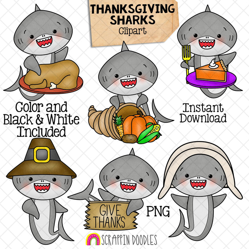 Thanksgiving Sharks Clip Art - Grey Shark Clipart - Baby Shark - Commercial Use PNG Sublimation
