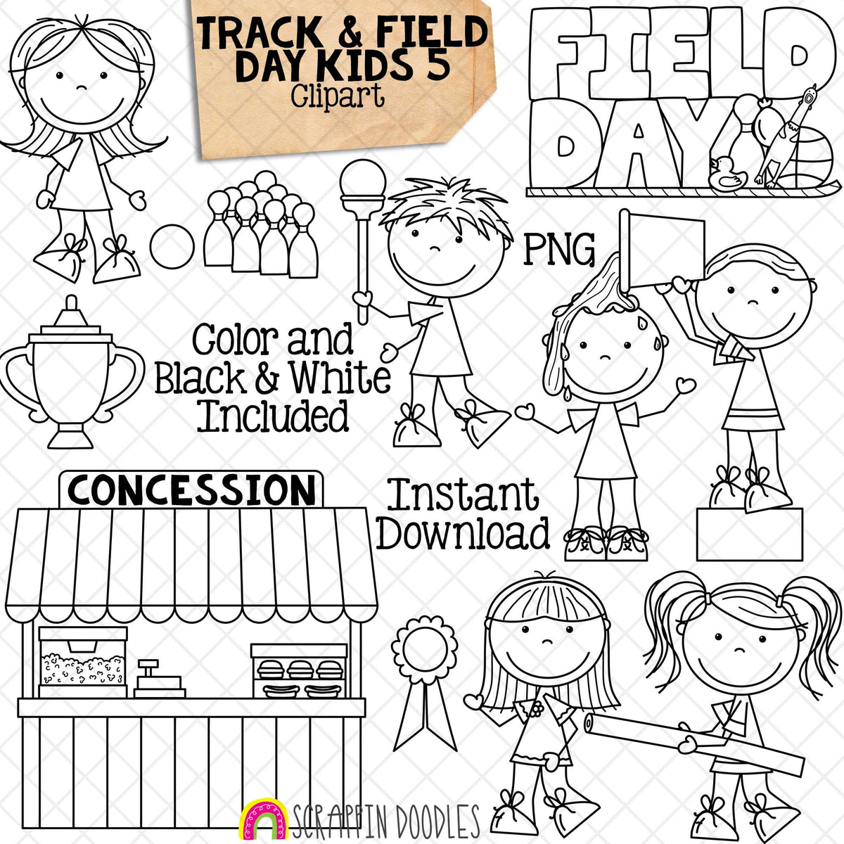 Track and Field Day Kids ClipArt 5 -Track and Field Kids - Plunger Race - Pool Noodle Tag - Splash Tower - Bowling - Concession Stand - Commercial Use PNG