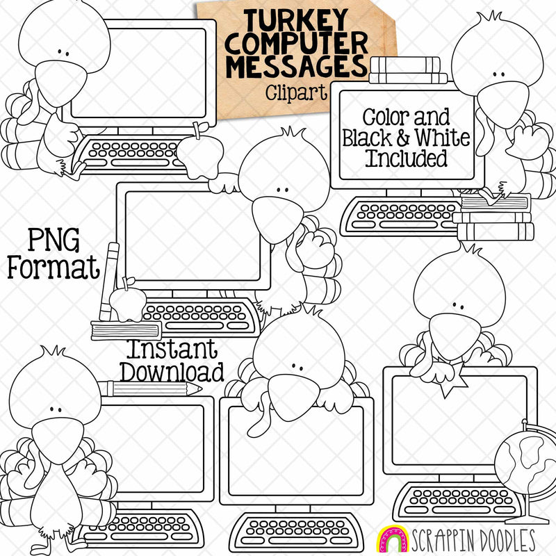 Turkey ClipArt - Computer Turkeys Clip Art - Cute Turkeys on Desktops Graphics - Instant Download - Hand Drawn PNG