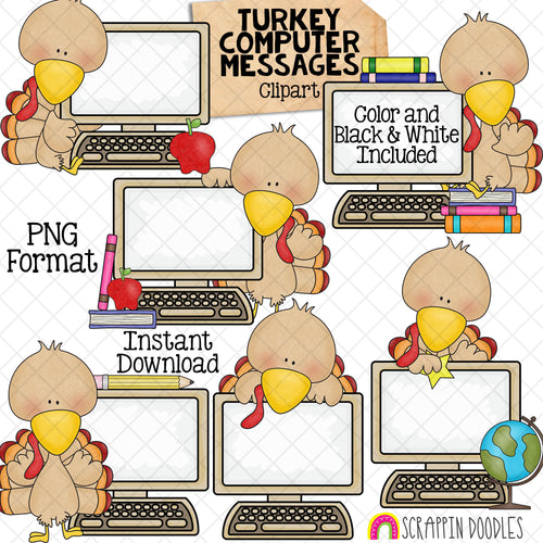 Turkey ClipArt - Computer Turkeys Clip Art - Cute Turkeys on Desktops Graphics - Instant Download - Hand Drawn PNG