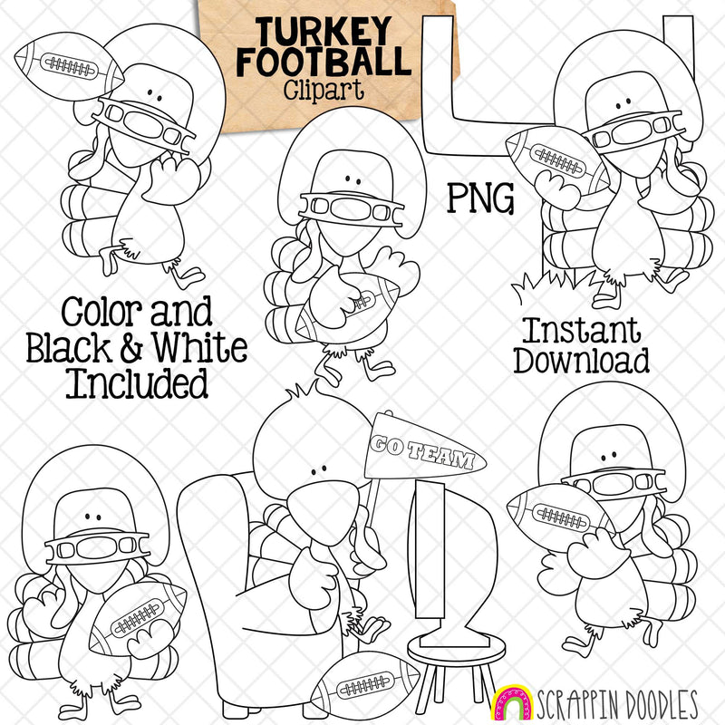 Turkey ClipArt - Turkeys Playing Football Clip Art - Cute Turkeys Watching Games Graphics - Instant Download - Hand Drawn PNG