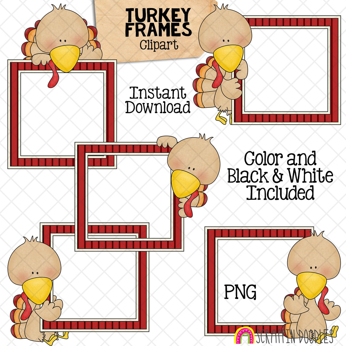 Turkey ClipArt - Turkeys Holding Barn Frames Clip Art - Cute Turkeys on the Farm Graphics - Instant Download - Hand Drawn PNG