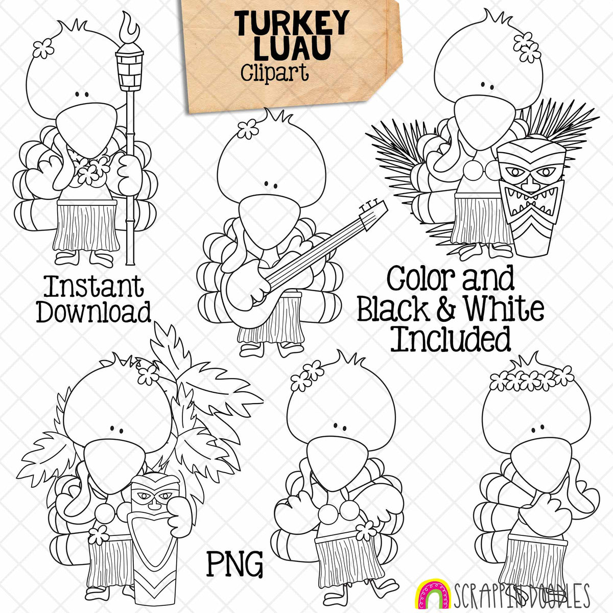 Turkey ClipArt - Turkeys Luau Clip Art - Cute Traveling Turkeys Graphics - Instant Download - Hand Drawn PNG