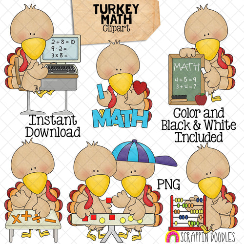 Turkey ClipArt - Math Turkeys Clip Art - Cute School Turkeys Graphics - Instant Download - Hand Drawn PNG