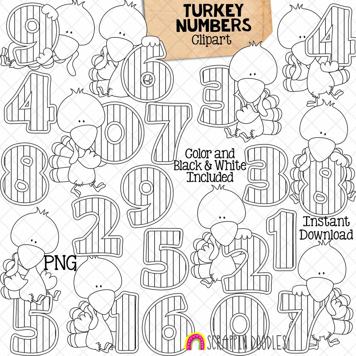 Turkey ClipArt - Number Turkeys Clip Art - Cute School Turkeys Holding Numbers Graphics - Instant Download - Hand Drawn PNG