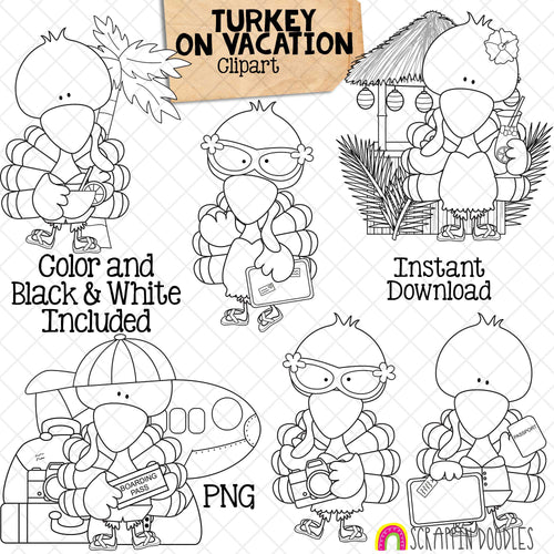 Turkey ClipArt - Turkeys Going on Vacation Clip Art - Cute Traveling Turkeys Graphics - Instant Download - Hand Drawn PNG