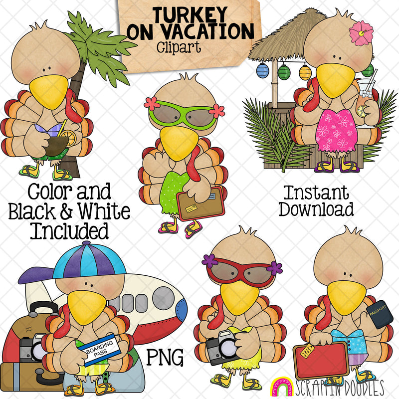 Turkey ClipArt - Turkeys Going on Vacation Clip Art - Cute Traveling Turkeys Graphics - Instant Download - Hand Drawn PNG