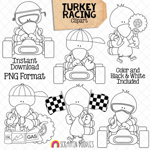 Turkey ClipArt - Racing Turkeys Clip Art - Cute Turkeys in Race Cars Graphics - Instant Download - Hand Drawn PNG