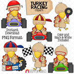 Turkey ClipArt - Racing Turkeys Clip Art - Cute Turkeys in Race Cars Graphics - Instant Download - Hand Drawn PNG