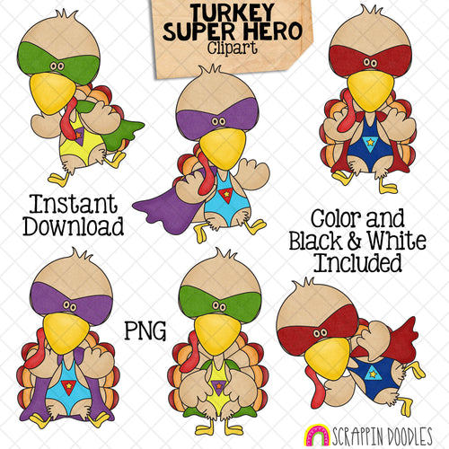 Turkey ClipArt - Super Turkey Clip Art - Cute Superhero Turkeys Graphics - Instant Download - Hand Drawn PNG