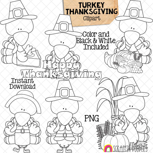 Turkey ClipArt - Thanksgiving Turkeys Clip Art - Cute Pilgrim Turkeys Graphics - Instant Download - Hand Drawn PNG