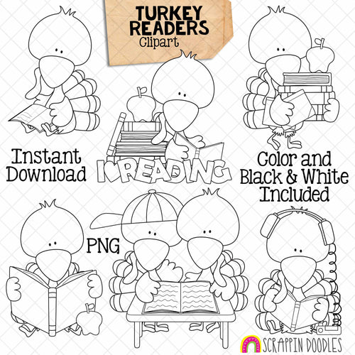 Turkey ClipArt - Reading Turkeys Clip Art - Cute School Turkeys Graphics - Instant Download - Hand Drawn PNG