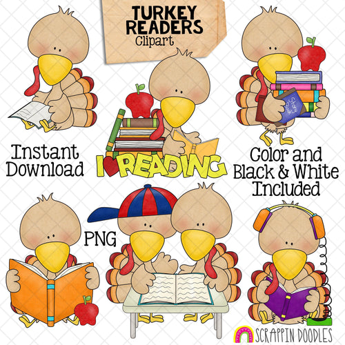 Turkey ClipArt - Reading Turkeys Clip Art - Cute School Turkeys Graphics - Instant Download - Hand Drawn PNG