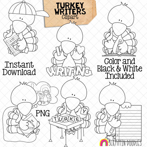 Turkey ClipArt - Writing Turkeys Clip Art - Cute School Turkeys Graphics - Instant Download - Hand Drawn PNG