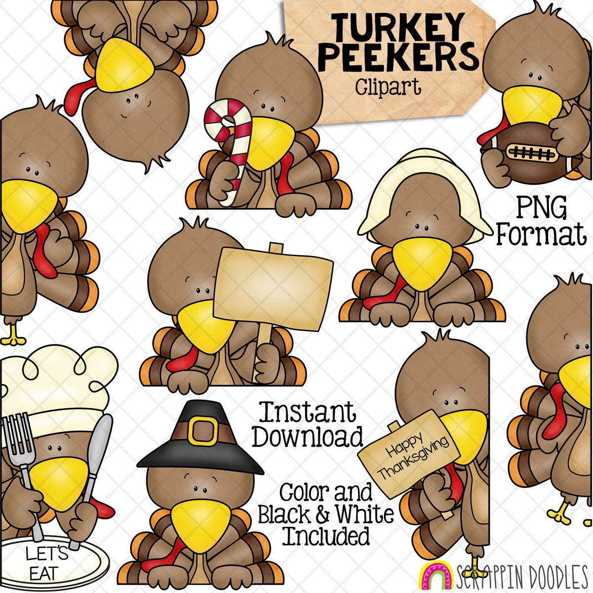 Turkey Peekers - Thanksgiving - Turkeys - Pilgrims - Dinner- Toppers - Instant Download - Hand Drawn - CU - Sublimation PNG