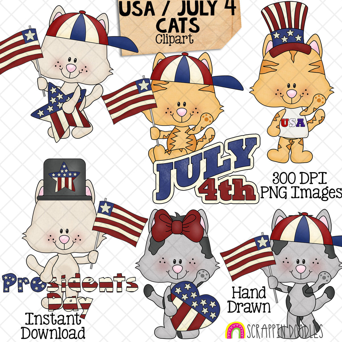 Hand-drawn USA Cats clipart featuring six cute kittens with American flags, patriotic hats, red white and blue clothing and July 4th decorations.
