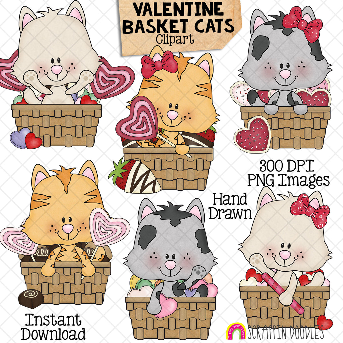 Hand-drawn Valentine Basket Cats clipart featuring six cute kittens in woven baskets with heart cookies, lollipops, chocolates and colorful candy.
