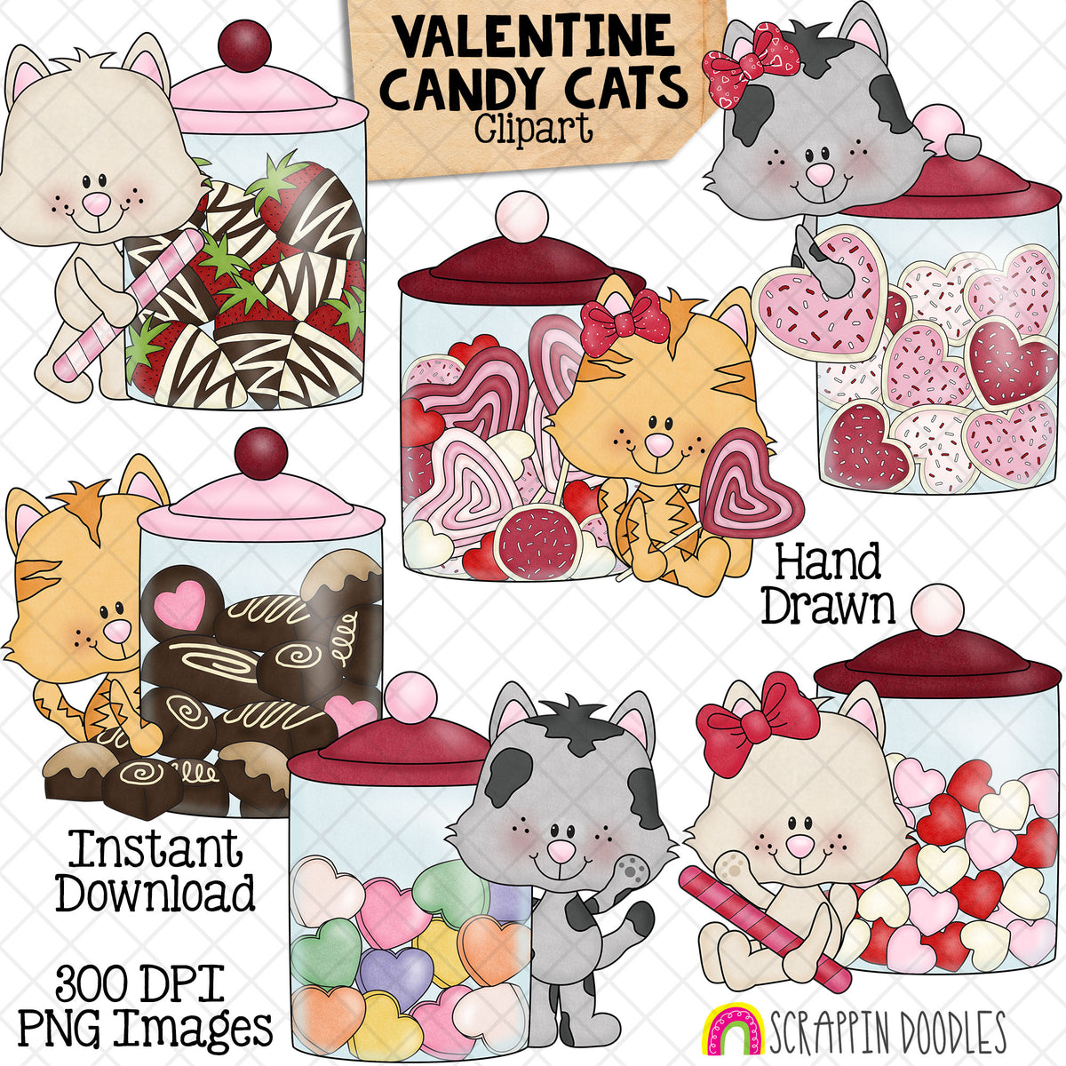 Hand-drawn Valentine Candy Cats clipart featuring six cute kittens with jars of chocolates, heart cookies, lollipops and colorful candy hearts.
