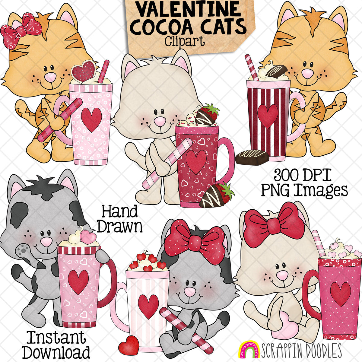 Hand-drawn Valentine Cocoa Cats clipart featuring six cute kittens with pink and red hot chocolate mugs, hearts, marshmallows and sweet treats.
