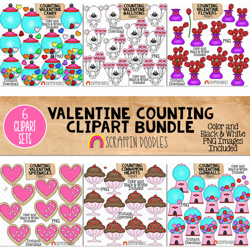 Valentine Counting ClipArt Bundle - Seasonal Math Graphics - Commercial Use PNG