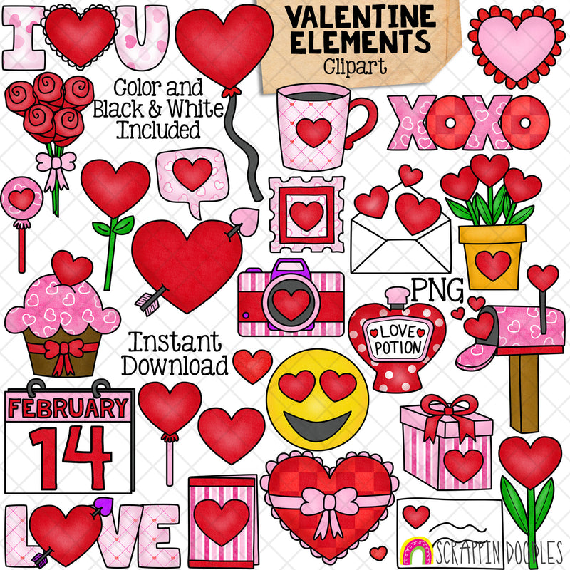 Valentine's Day Elements Clip Art - Valentine Decorations - Love Potion - Hearts - Mailbox - Emoji - Balloons - Commercial Use - PNG