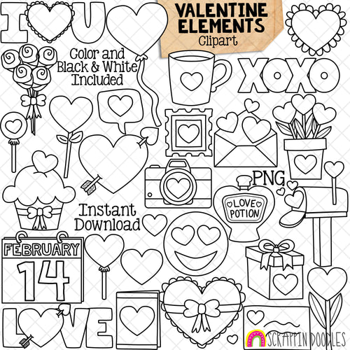 Valentine's Day Elements Clip Art - Valentine Decorations - Love Potion - Hearts - Mailbox - Emoji - Balloons - Commercial Use - PNG