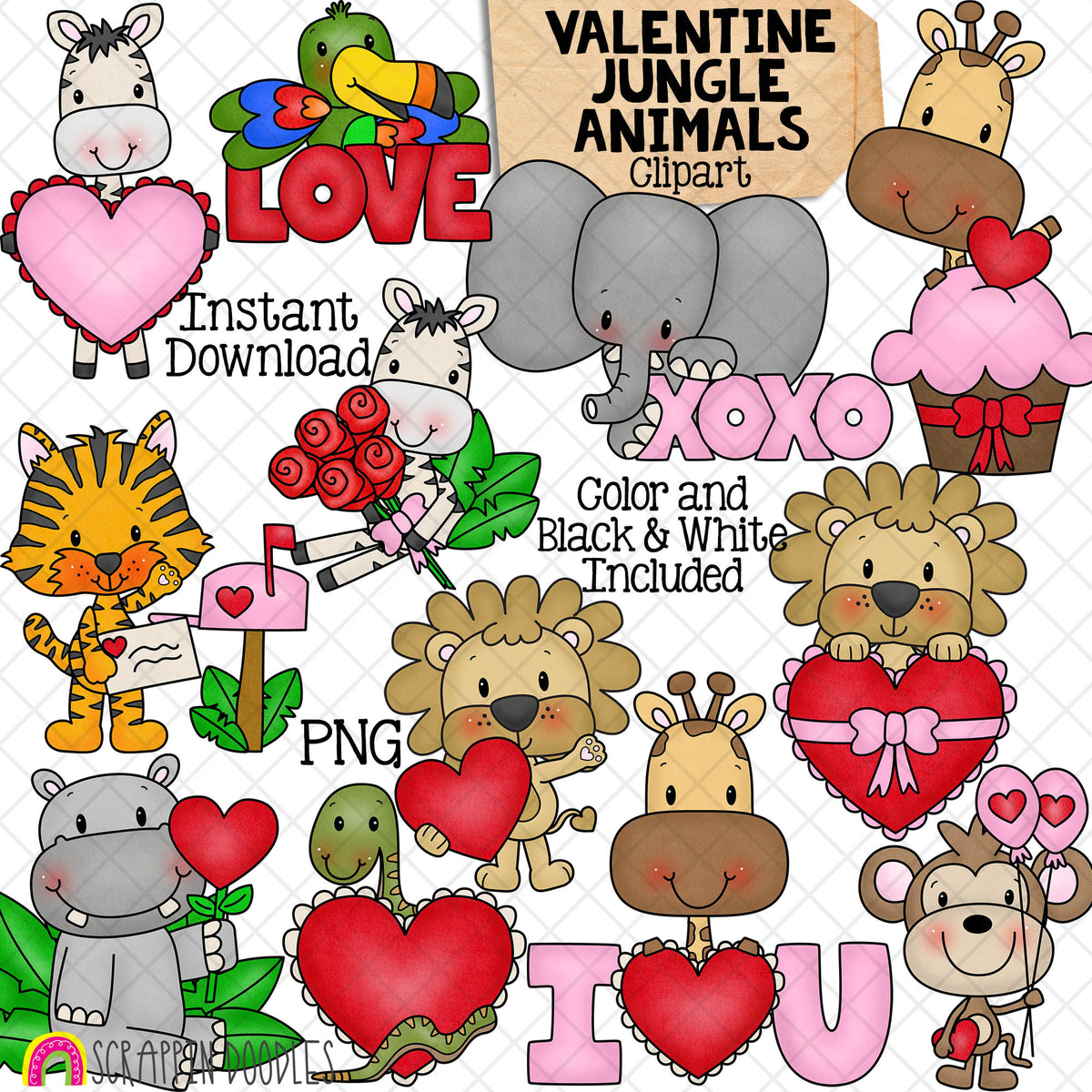 Valentine Jungle Animals Clip Art - Lion - Giraffe - Zebra - Elephant - Hippo - Monkey - Commercial Use PNG Sublimation