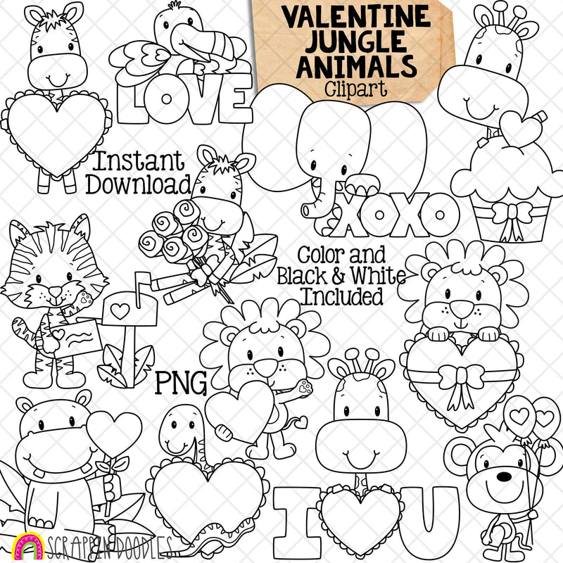 Valentine Jungle Animals Clip Art - Lion - Giraffe - Zebra - Elephant - Hippo - Monkey - Commercial Use PNG Sublimation