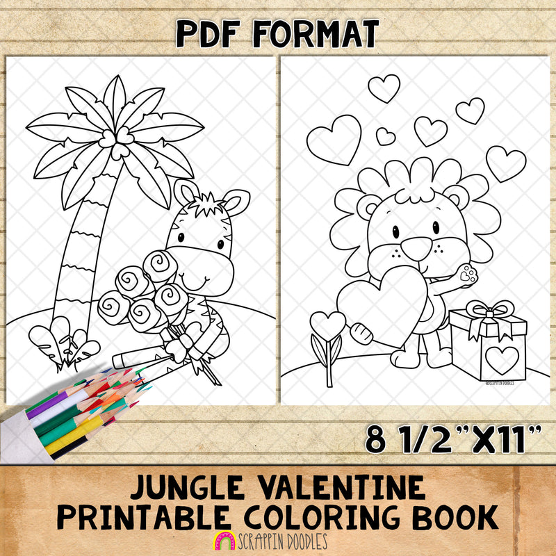 Valentines Day Coloring Book - Jungle Animals Valentine's Day Coloring Pages - Bookmarks - Kids Cards Printable PDF