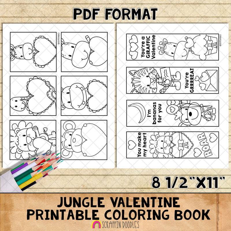 Valentines Day Coloring Book - Jungle Animals Valentine's Day Coloring Pages - Bookmarks - Kids Cards Printable PDF