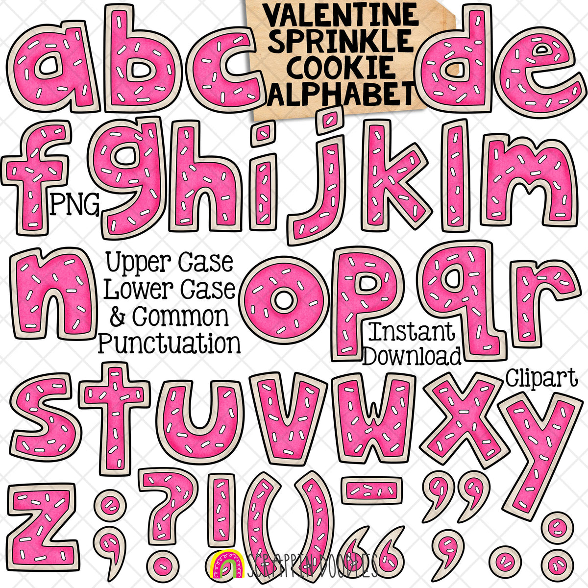 Valentine Cookie Alphabet ClipArt - Pink Sprinkle Cookie Letters Clip Art - Numbers - Punctuation - PNG Graphics - Math Signs - Instant Download Sublimation Graphics