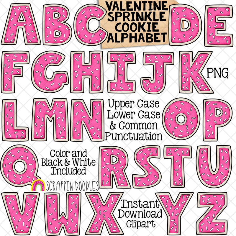 Valentine Cookie Alphabet ClipArt - Pink Sprinkle Cookie Letters Clip Art - Numbers - Punctuation - PNG Graphics - Math Signs - Instant Download Sublimation Graphics