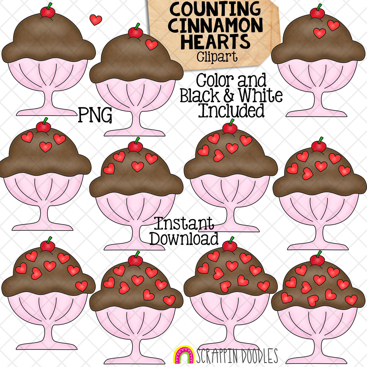 Counting Sundae Candies ClipArt - Valentine Cinnamon Heart Ice Cream Counting - Seasonal Math Graphics
