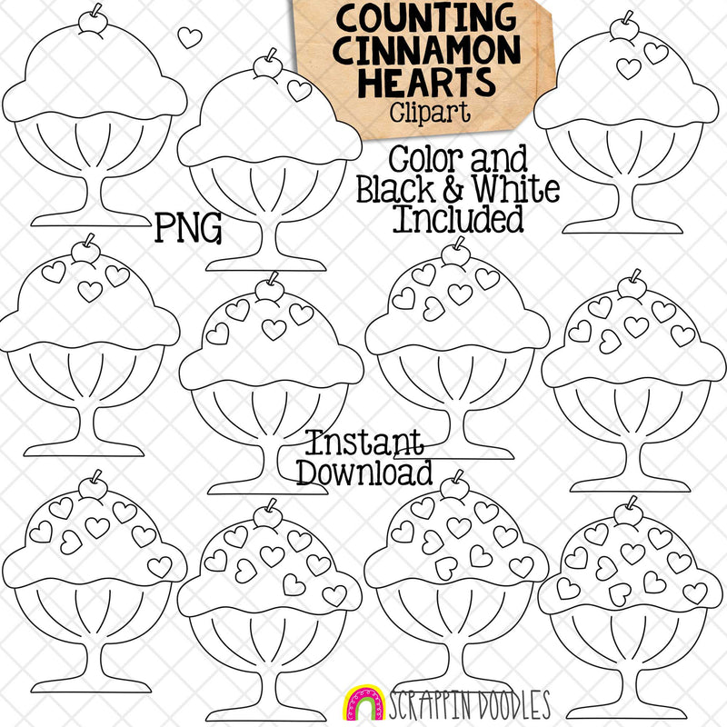 Counting Sundae Candies ClipArt - Valentine Cinnamon Heart Ice Cream Counting - Seasonal Math Graphics