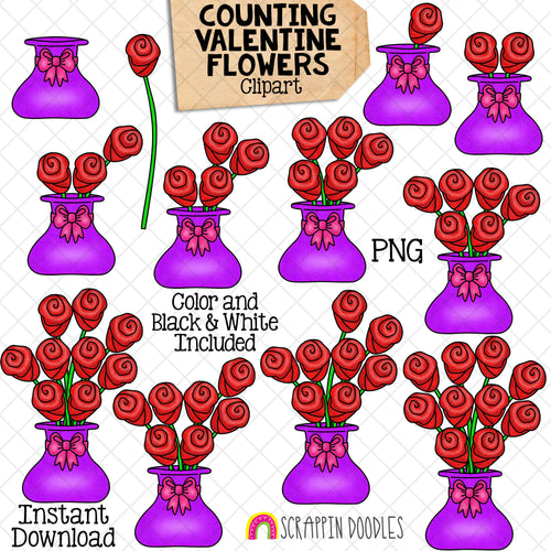 Counting Flowers ClipArt - Valentine Roses in Vase - Seasonal Math Graphics - Commercial Use PNG