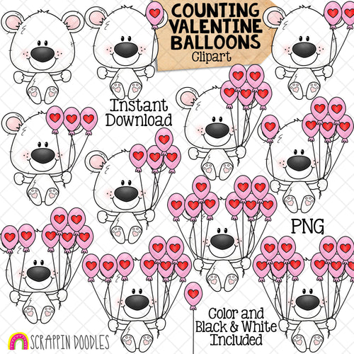 Counting Balloons ClipArt - Valentine Bear Holding Balloons Counting - Seasonal Math Graphics - Commercial Use PNG
