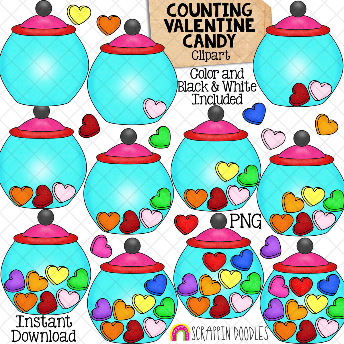 Counting Heart Candies ClipArt - Valentine Candy Jar Counting - Seasonal Math Graphics - Commercial Use PNG