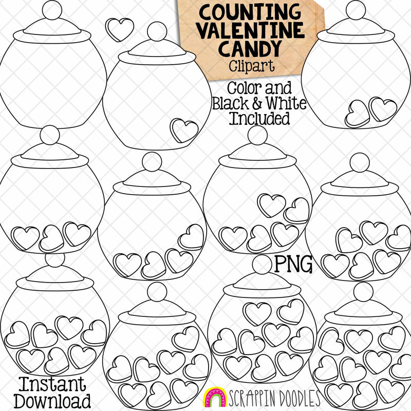 Counting Heart Candies ClipArt - Valentine Candy Jar Counting - Seasonal Math Graphics - Commercial Use PNG